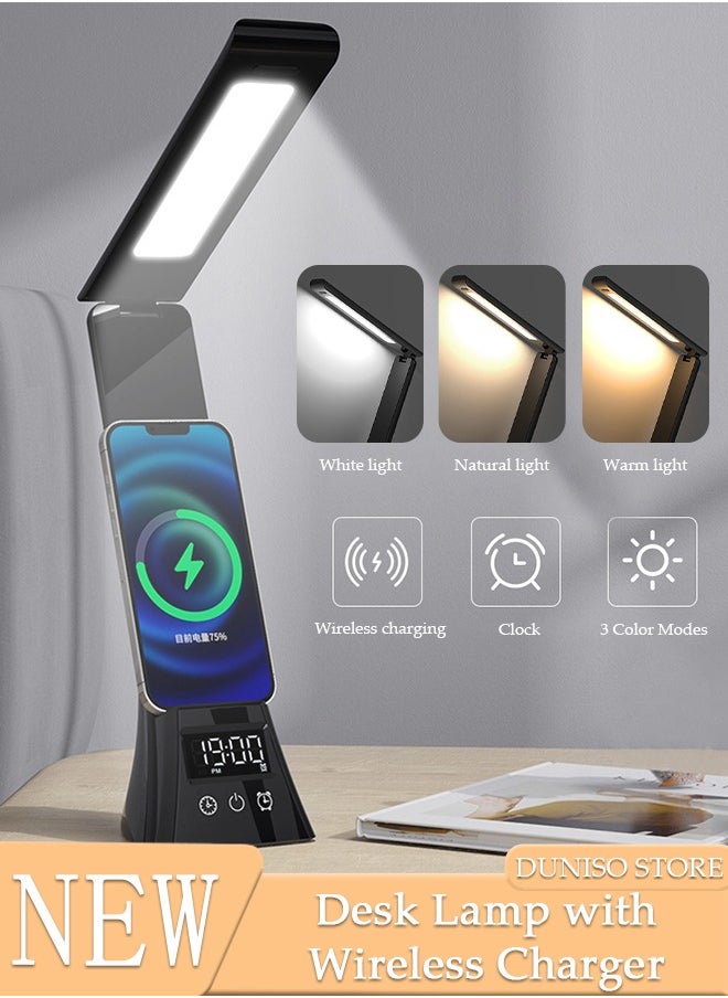 DUNISO - Desk Light with Wireless Charger, USB Charging Port,3 Color Modes,Dimmable Office Desk Lamp with Clock ,Alarm,Date, Foldable Lamp for Table Bedroom Bedside Office - Image 1