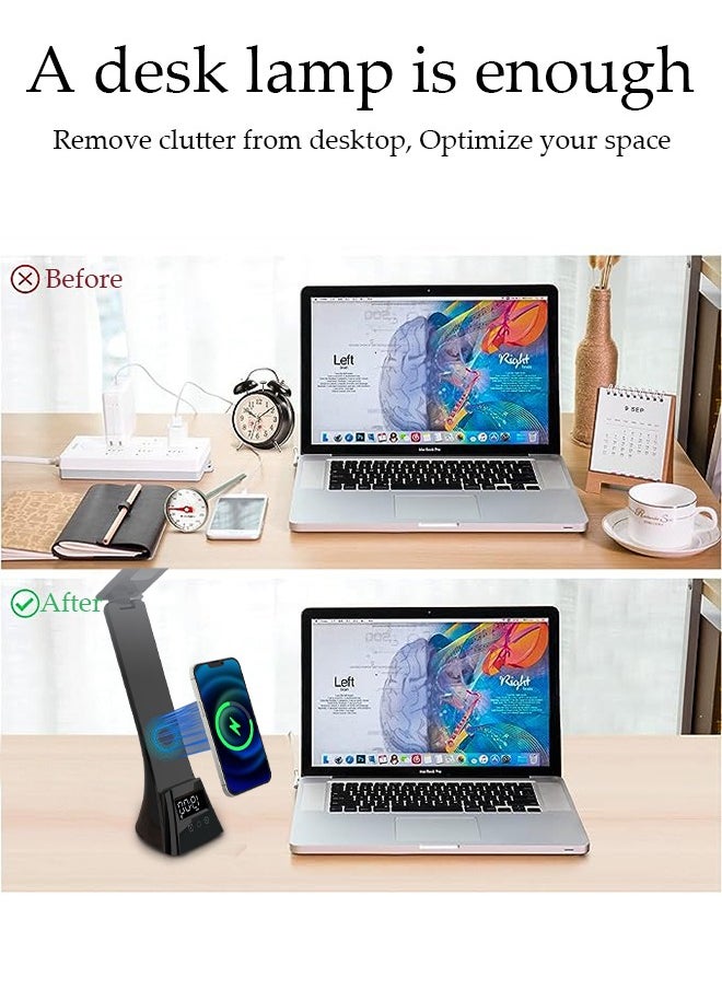 DUNISO - Desk Light with Wireless Charger, USB Charging Port,3 Color Modes,Dimmable Office Desk Lamp with Clock ,Alarm,Date, Foldable Lamp for Table Bedroom Bedside Office - Image 1
