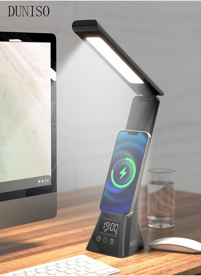 DUNISO - Desk Light with Wireless Charger, USB Charging Port,3 Color Modes,Dimmable Office Desk Lamp with Clock ,Alarm,Date, Foldable Lamp for Table Bedroom Bedside Office - Image 1