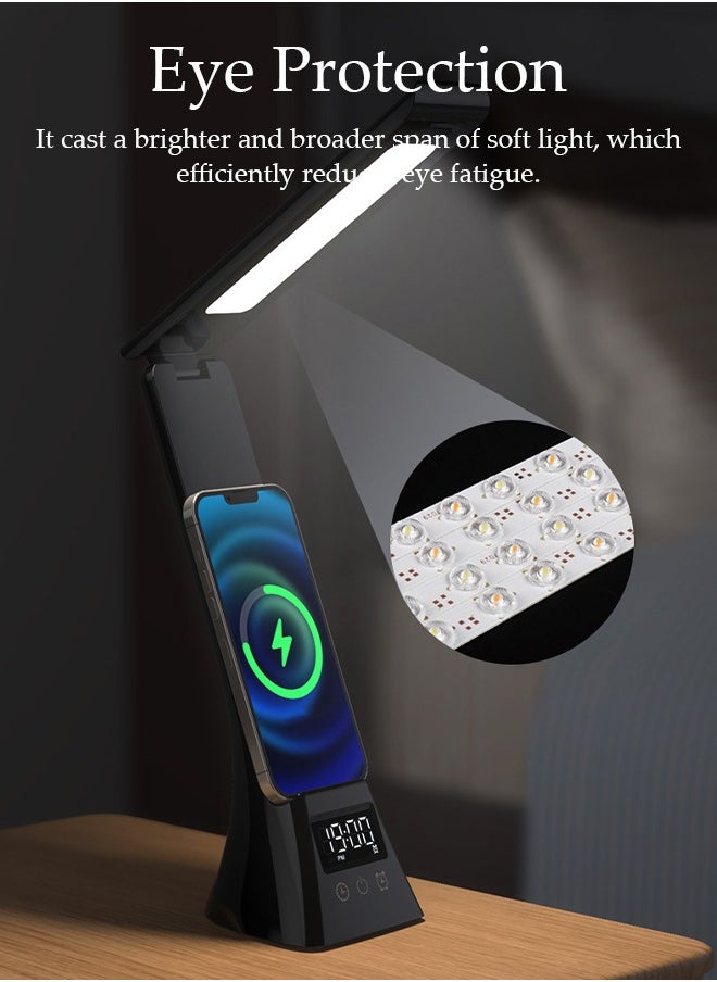 DUNISO - Desk Light with Wireless Charger, USB Charging Port,3 Color Modes,Dimmable Office Desk Lamp with Clock ,Alarm,Date, Foldable Lamp for Table Bedroom Bedside Office - Image 1
