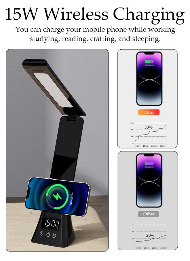 DUNISO - Desk Light with Wireless Charger, USB Charging Port,3 Color Modes,Dimmable Office Desk Lamp with Clock ,Alarm,Date, Foldable Lamp for Table Bedroom Bedside Office - Image 1