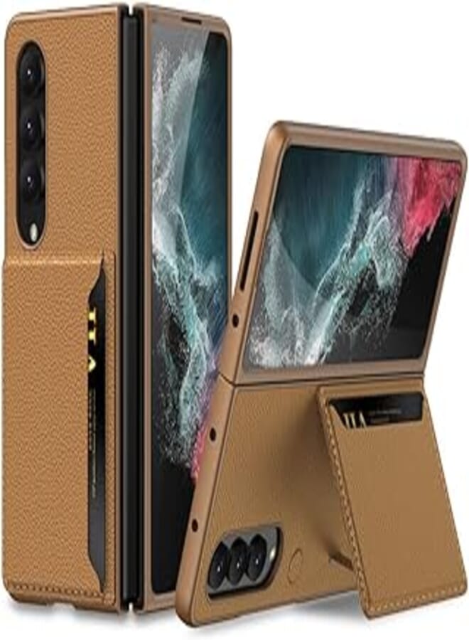 SHIEID Samsung Z Fold 4 Case with Kickstand, Galaxy Z Fold 4 Case with Leather Wallet Card Holder Phone Case Compatible with Samsung Galaxy Z Fold 4 5G, Brown