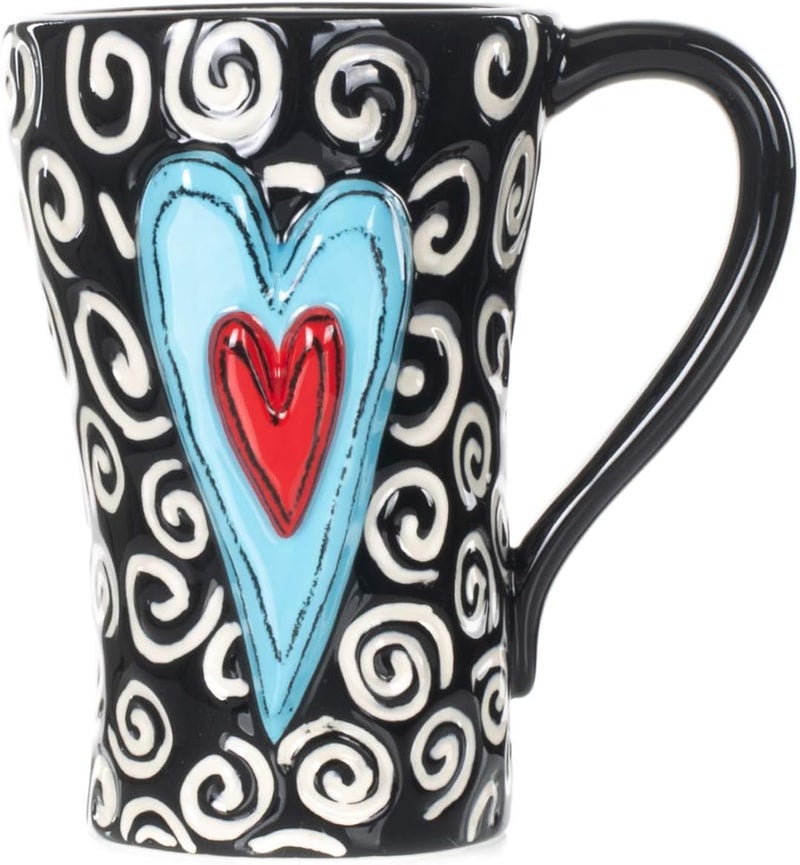 DEMDACO Tracy Pesche White Swirls Hearts Midnight Black 15 Ounce Glossy Ceramic Stoneware Coffee Cup Mug - Image 1