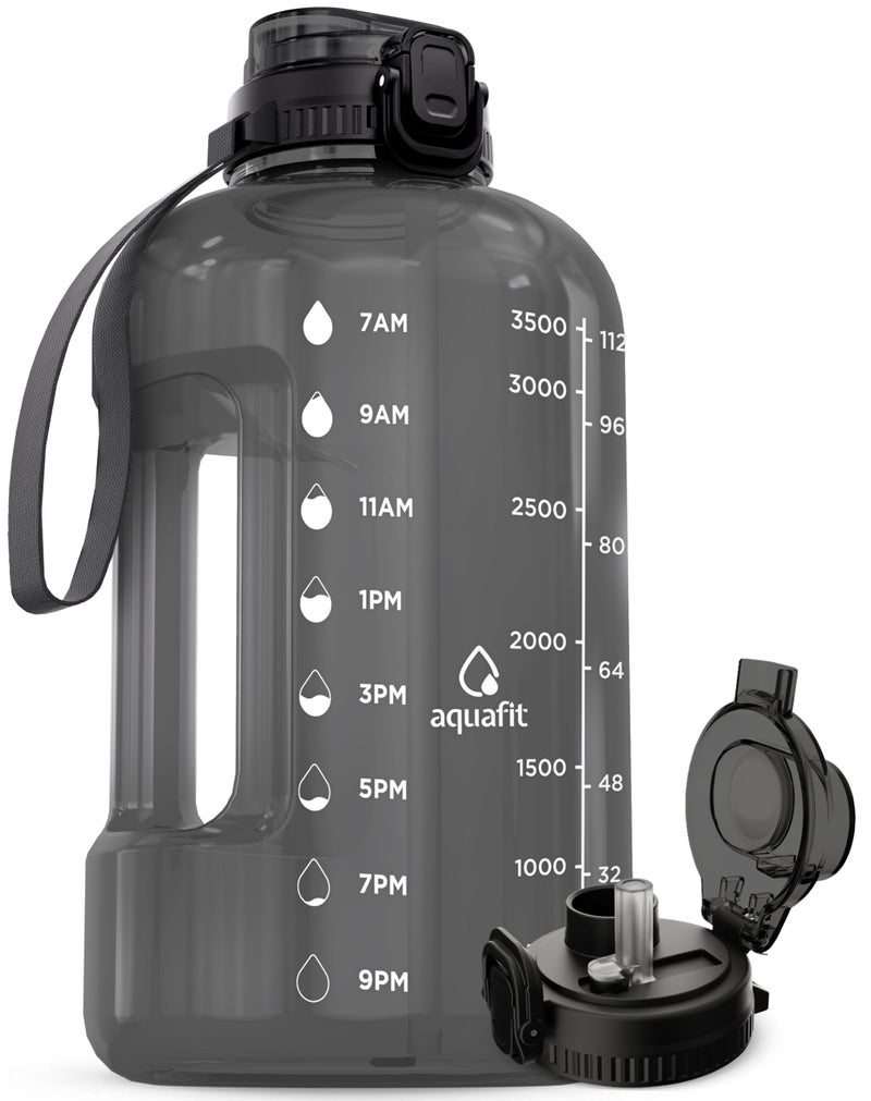 AQUAFIT 1 Gallon Water Bottle with Time Marker - Straw & Chug Lid - BPA Free Gym Water Bottle with Straw - Big Gallon Jug (Gray, 128 oz - 2in1 Lid) - Image 1