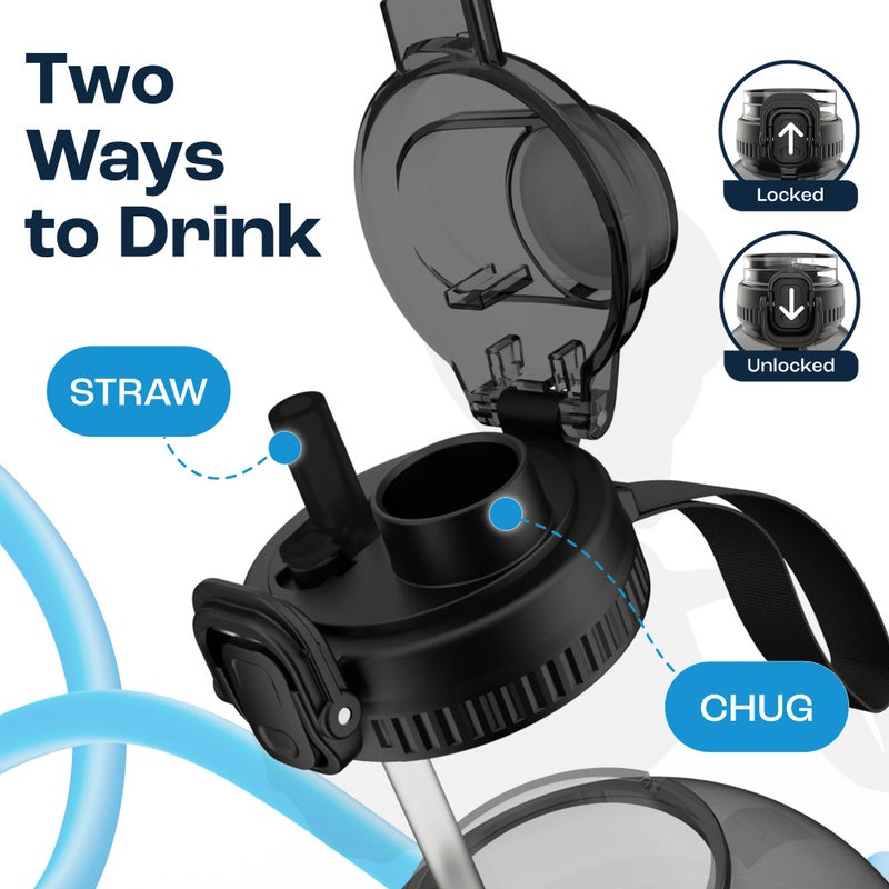 AQUAFIT 1 Gallon Water Bottle with Time Marker - Straw & Chug Lid - BPA Free Gym Water Bottle with Straw - Big Gallon Jug (Gray, 128 oz - 2in1 Lid) - Image 3
