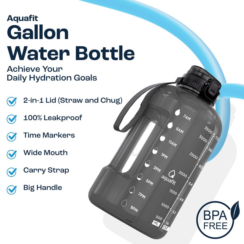 AQUAFIT 1 Gallon Water Bottle with Time Marker - Straw & Chug Lid - BPA Free Gym Water Bottle with Straw - Big Gallon Jug (Gray, 128 oz - 2in1 Lid) - Image 2