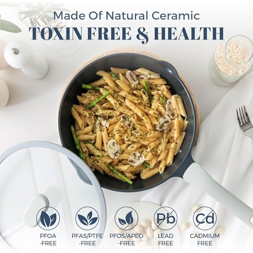 PRICUSIS Ceramic Nonstick Deep Saute Pan with Lid, 10/12 Inch Non Toxic Pans with Double Pour Spout, Helper Handle and Lid, Metal Utennsil Safe, Dishwasher Safe, (12 Inch, Gray) - Image 4