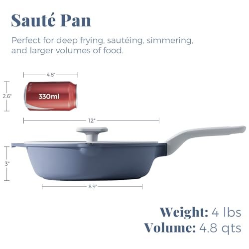 PRICUSIS Ceramic Nonstick Deep Saute Pan with Lid, 10/12 Inch Non Toxic Pans with Double Pour Spout, Helper Handle and Lid, Metal Utennsil Safe, Dishwasher Safe, (12 Inch, Gray) - Image 2