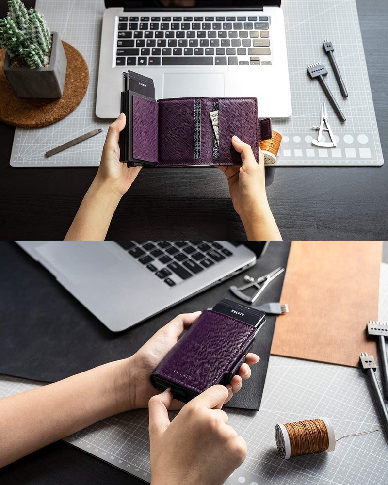 VULKIT VULKIT Credit Card Holder RFID Blocking Leather Automatic Pop Up Wallet Magnetic Wallet Double Card Case for Men and Women Cross Wine  - Image 4