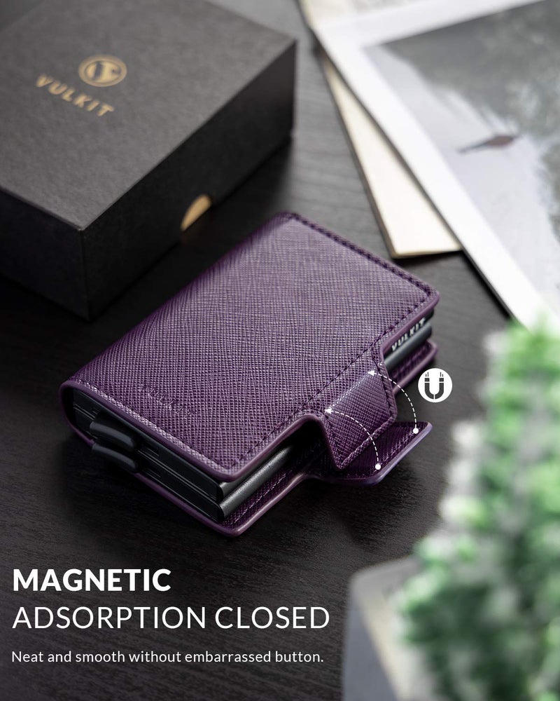 VULKIT VULKIT Credit Card Holder RFID Blocking Leather Automatic Pop Up Wallet Magnetic Wallet Double Card Case for Men and Women Cross Wine  - Image 5