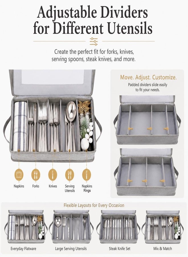 Joyfol Day Flatware Utensil Storage Case, Grey Silverware Storage Box Chest with Adjustable Dividers, Removable Cutlery Storage Holder with Zipper Lid for Organizing Spoon/Flatware/Knives - Image 3
