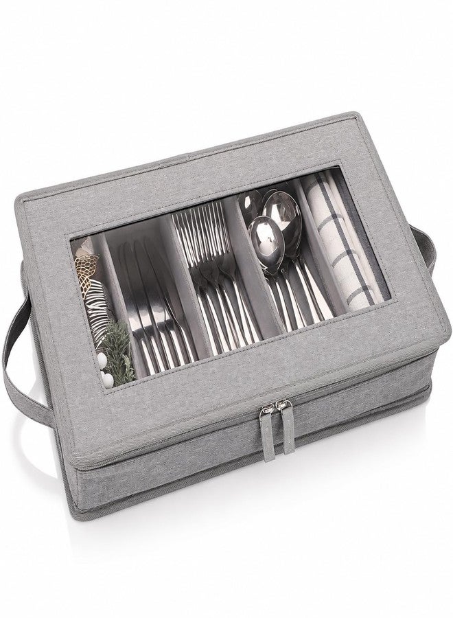 Joyfol Day Flatware Utensil Storage Case, Grey Silverware Storage Box Chest with Adjustable Dividers, Removable Cutlery Storage Holder with Zipper Lid for Organizing Spoon/Flatware/Knives - Image 1