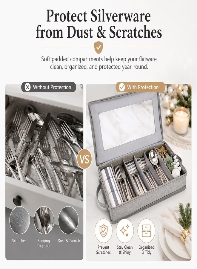 Joyfol Day Flatware Utensil Storage Case, Grey Silverware Storage Box Chest with Adjustable Dividers, Removable Cutlery Storage Holder with Zipper Lid for Organizing Spoon/Flatware/Knives - Image 2