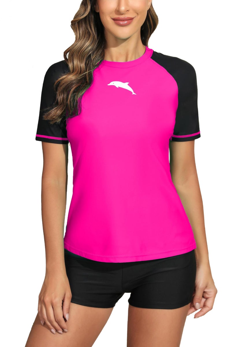 Halcurt Women's Short Sleeve Rash Guard Swimsuit Top Swim Shirt Only Swim Tee UPF50+ Quick Dry Swimsuit Neon Pink Black XL - Image 1