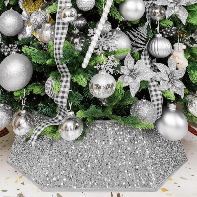 XmasExp Christmas Tree Collar 335 inch Sequin Tree Skirt for Christmas Holiday Home Decor Xmas Tree Ring Stand Base Cover Large Size 6 Piece Silvergrey