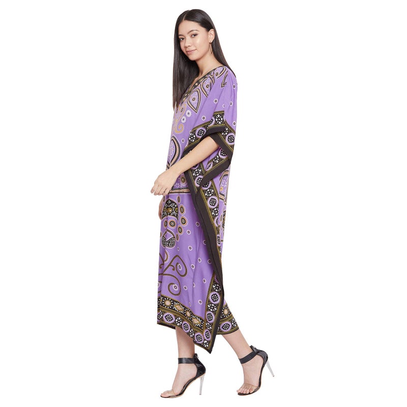 Oussum Gypsie Blu Paisley Print Kaftan for Women Polyester Caftan Dress Kimono Sleeve Plus Size Beach Maxi Dresses (Multicolor Purple Paisley Maxi Kaftan) - Image 3