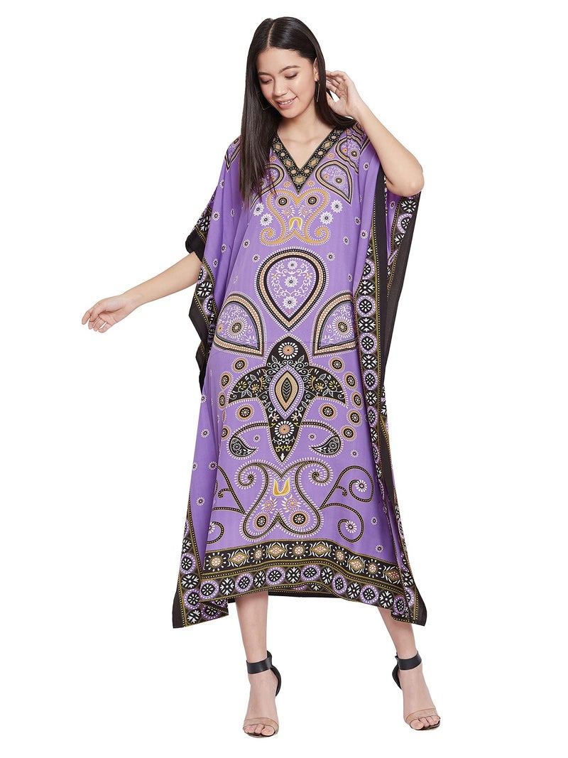 Oussum Gypsie Blu Paisley Print Kaftan for Women Polyester Caftan Dress Kimono Sleeve Plus Size Beach Maxi Dresses (Multicolor Purple Paisley Maxi Kaftan) - Image 1