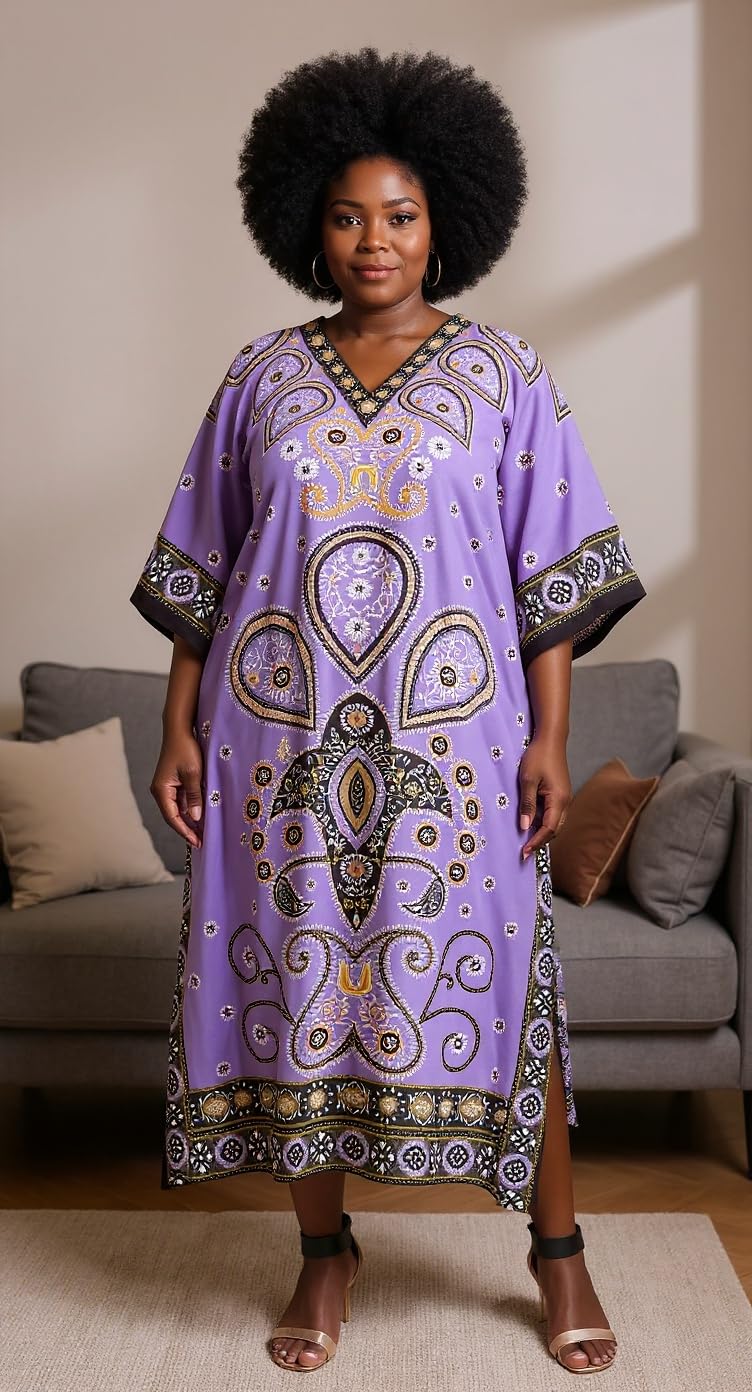 Oussum Gypsie Blu Paisley Print Kaftan for Women Polyester Caftan Dress Kimono Sleeve Plus Size Beach Maxi Dresses (Multicolor Purple Paisley Maxi Kaftan) - Image 2