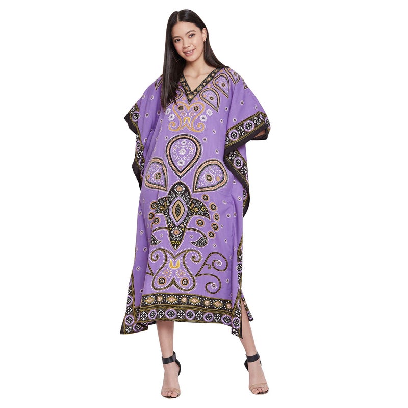 Oussum Gypsie Blu Paisley Print Kaftan for Women Polyester Caftan Dress Kimono Sleeve Plus Size Beach Maxi Dresses (Multicolor Purple Paisley Maxi Kaftan) - Image 4