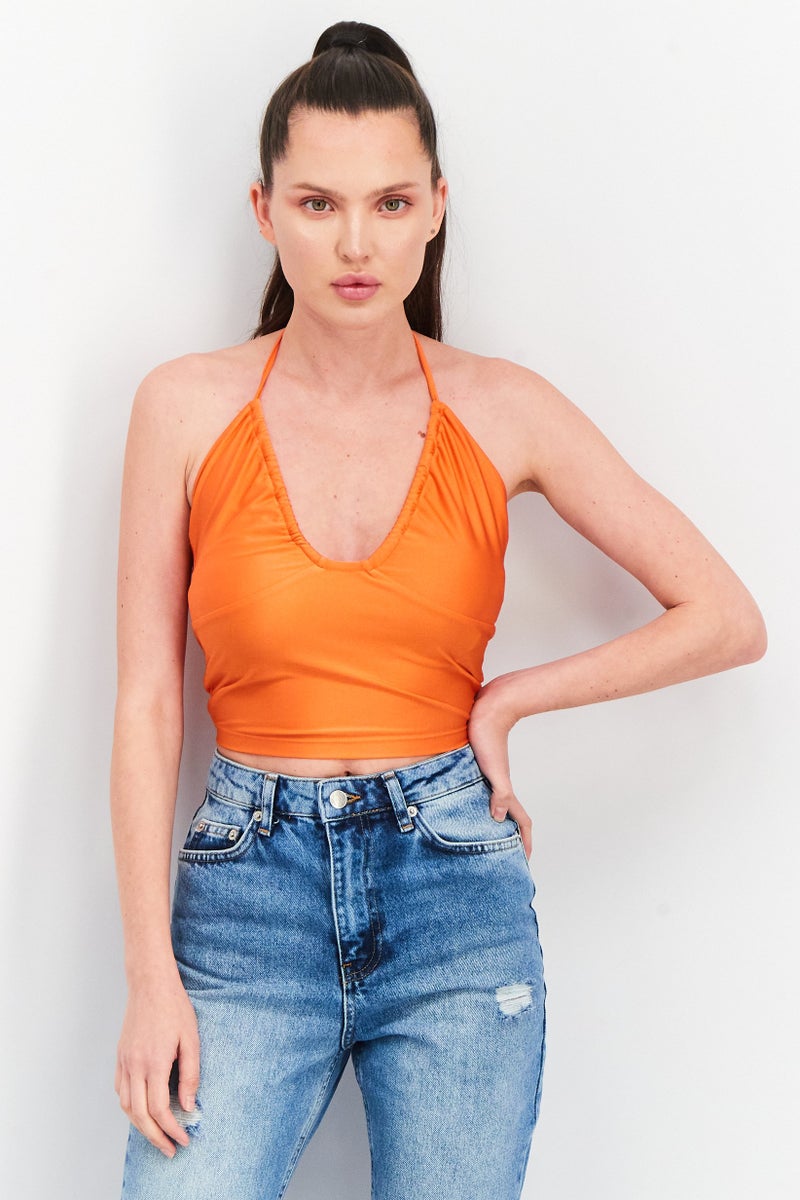 Sinsay Women V Neck Sleeveless Plain Crop Top, Orange - Image 1
