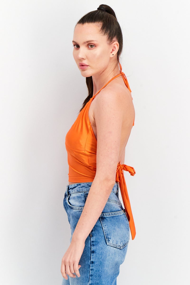 Sinsay Women V Neck Sleeveless Plain Crop Top, Orange - Image 3