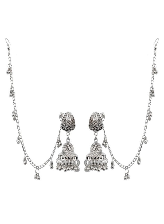 Vientiq Traditional Silver-Plated Earchain Jhumka Earrings - Image 2