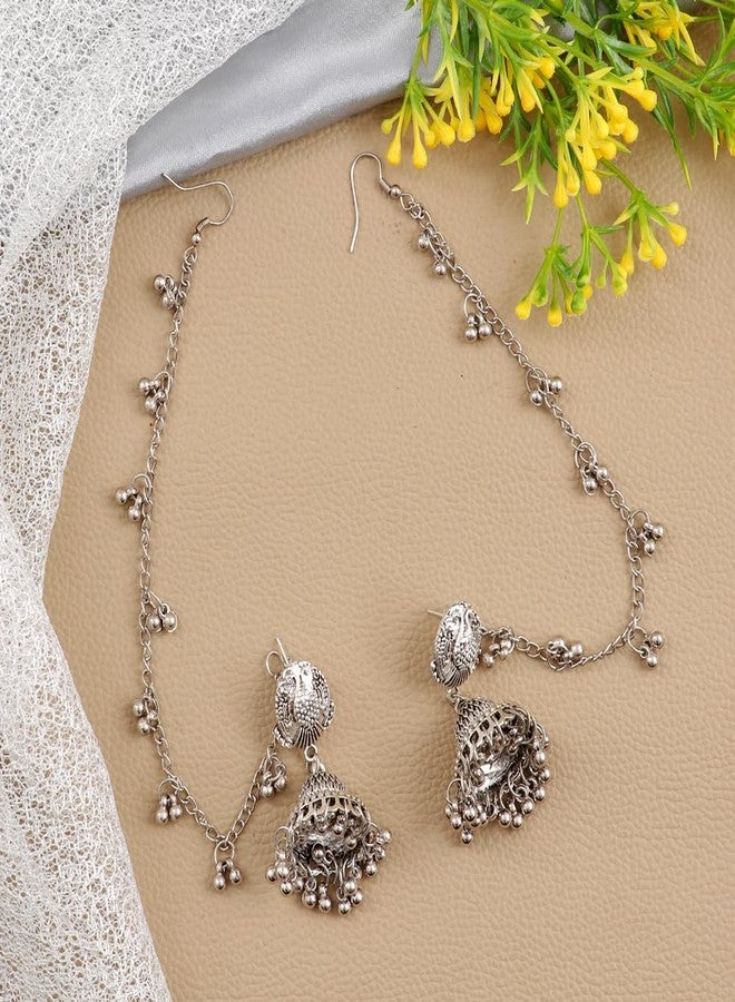 Vientiq Traditional Silver-Plated Earchain Jhumka Earrings - Image 3