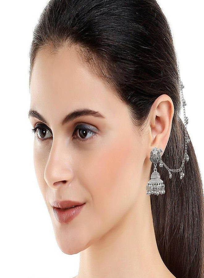 Vientiq Traditional Silver-Plated Earchain Jhumka Earrings - Image 4