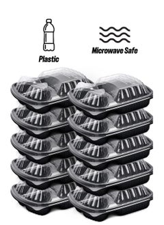 [10 Pack] Disposable Food Container 3-Compartment Black Base with Lids/Meal Container/Food Storage Container/Lunch Boxes Microwave/Freezer Safe Portion Control (3 Section Container)