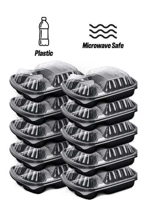 [10 Pack] Disposable Food Container 3-Compartment Black Base with Lids/Meal Container/Food Storage Container/Lunch Boxes Microwave/Freezer Safe Portion Control (3 Section Container)