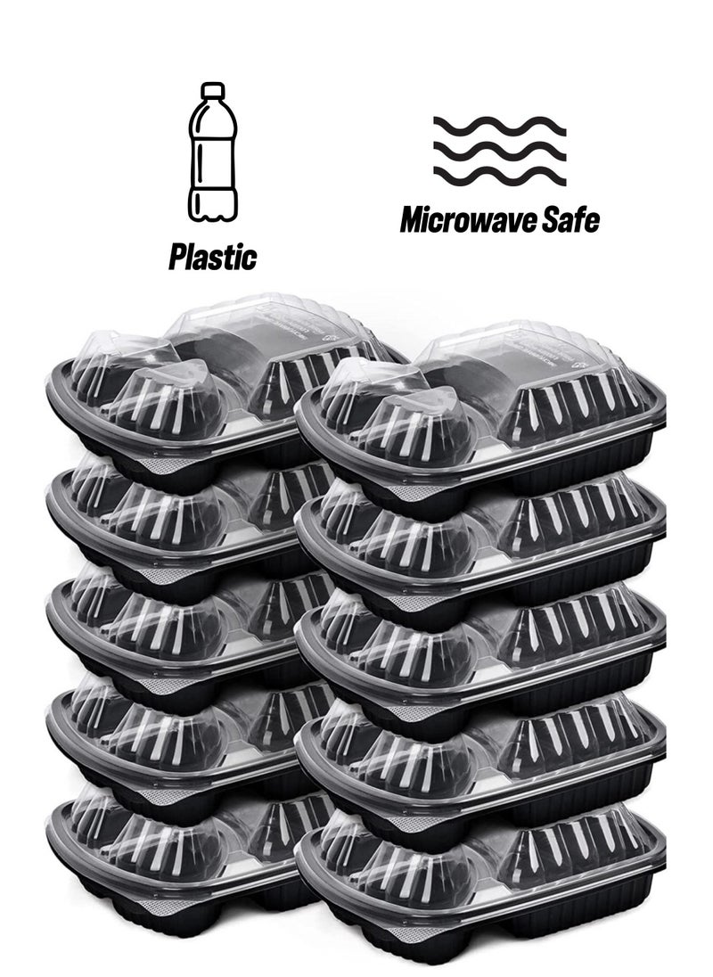 ALSAQER - [10 Pack] Disposable Food Container 3-Compartment Black Base with Lids/Meal Container/Food Storage Container/Lunch Boxes Microwave/Freezer Safe Portion Control (3 Section Container) - Image 1