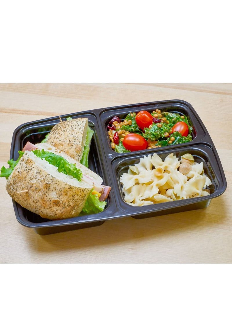 ALSAQER - [10 Pack] Disposable Food Container 3-Compartment Black Base with Lids/Meal Container/Food Storage Container/Lunch Boxes Microwave/Freezer Safe Portion Control (3 Section Container) - Image 1