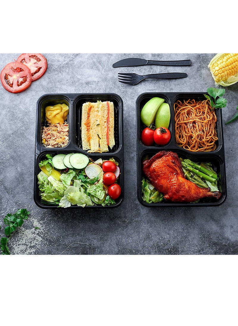 ALSAQER - [10 Pack] Disposable Food Container 3-Compartment Black Base with Lids/Meal Container/Food Storage Container/Lunch Boxes Microwave/Freezer Safe Portion Control (3 Section Container) - Image 1