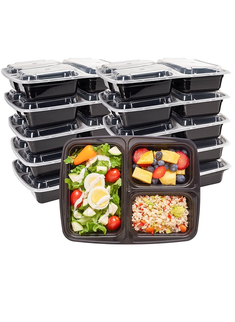 ALSAQER - [10 Pack] Disposable Food Container 3-Compartment Black Base with Lids/Meal Container/Food Storage Container/Lunch Boxes Microwave/Freezer Safe Portion Control (3 Section Container) - Image 1