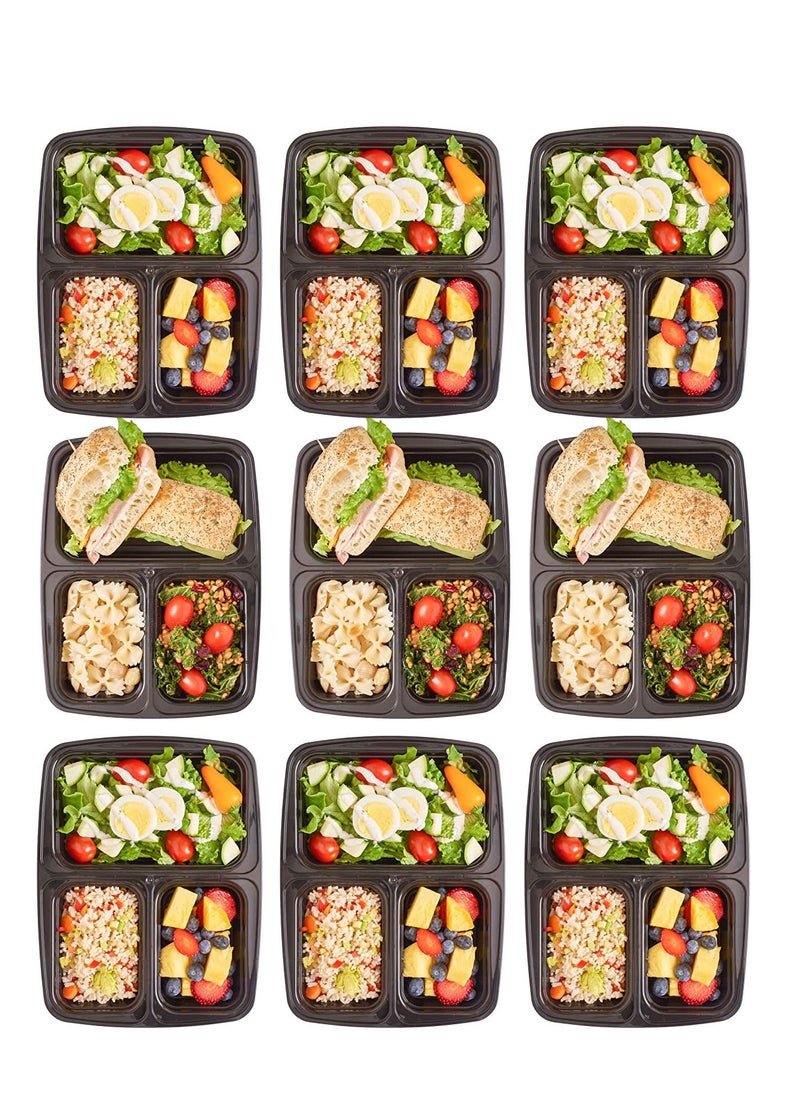 ALSAQER - [10 Pack] Disposable Food Container 3-Compartment Black Base with Lids/Meal Container/Food Storage Container/Lunch Boxes Microwave/Freezer Safe Portion Control (3 Section Container) - Image 1