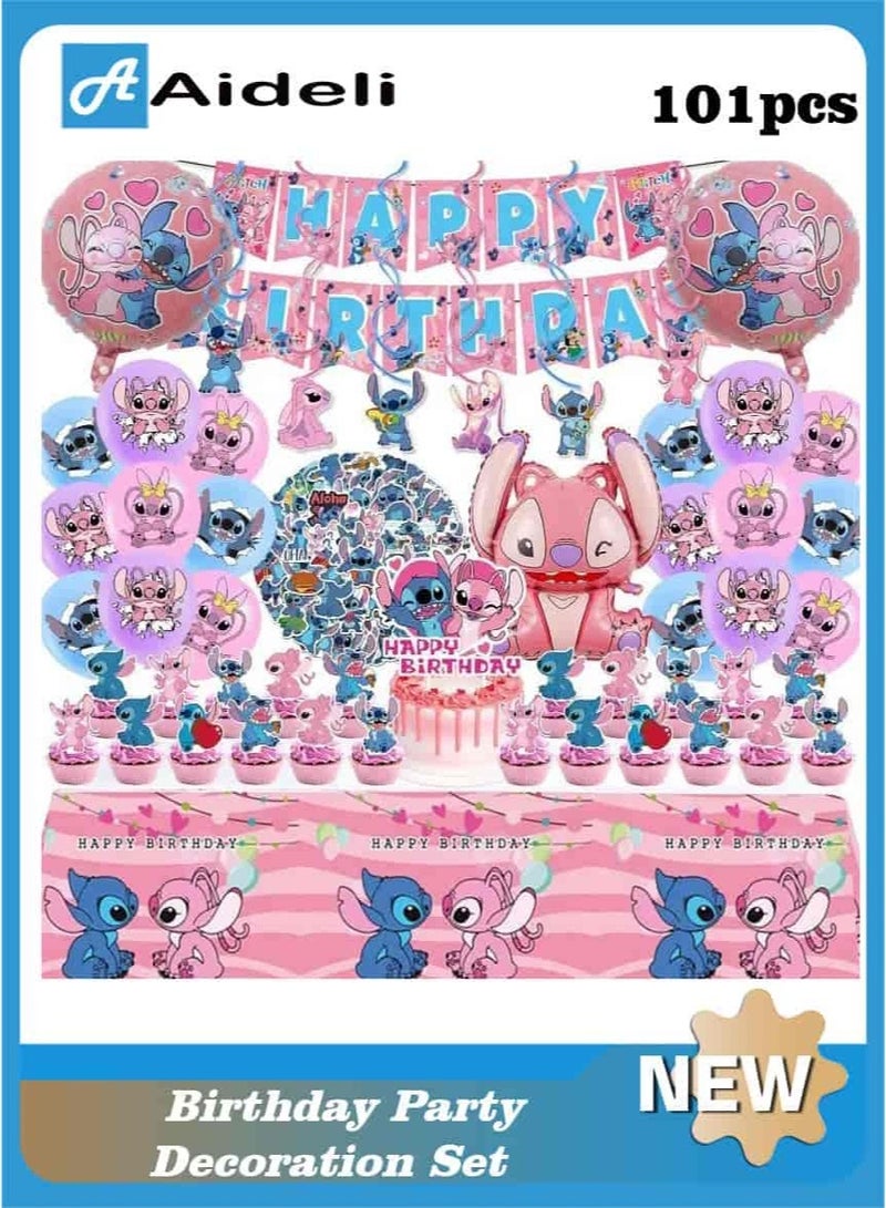 أديلي مجموعة تزيين حفلات ليلو وستيتش 101 قطعة، مستلزمات حفلات كرتونية لعيد الميلاد مع ملصقات وبالونات ولافتة وزينة كيك - Image 1