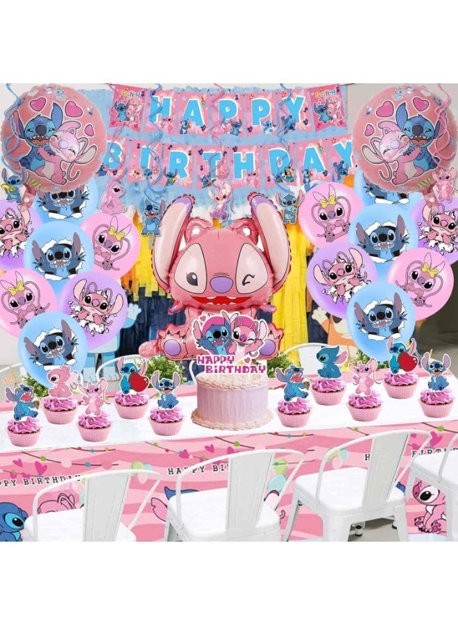أديلي مجموعة تزيين حفلات ليلو وستيتش 101 قطعة، مستلزمات حفلات كرتونية لعيد الميلاد مع ملصقات وبالونات ولافتة وزينة كيك - Image 3