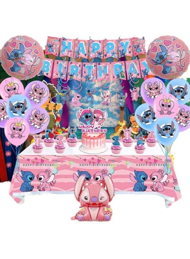 أديلي مجموعة تزيين حفلات ليلو وستيتش 101 قطعة، مستلزمات حفلات كرتونية لعيد الميلاد مع ملصقات وبالونات ولافتة وزينة كيك - Image 4