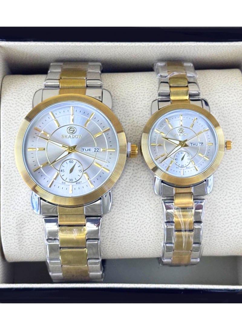 شادو طقم ساعات زوجية شادو فاخرة - وظيفة اليوم والتاريخ (عربي / إنجليزي) - تصميم متعدد الموانئ - Image 1