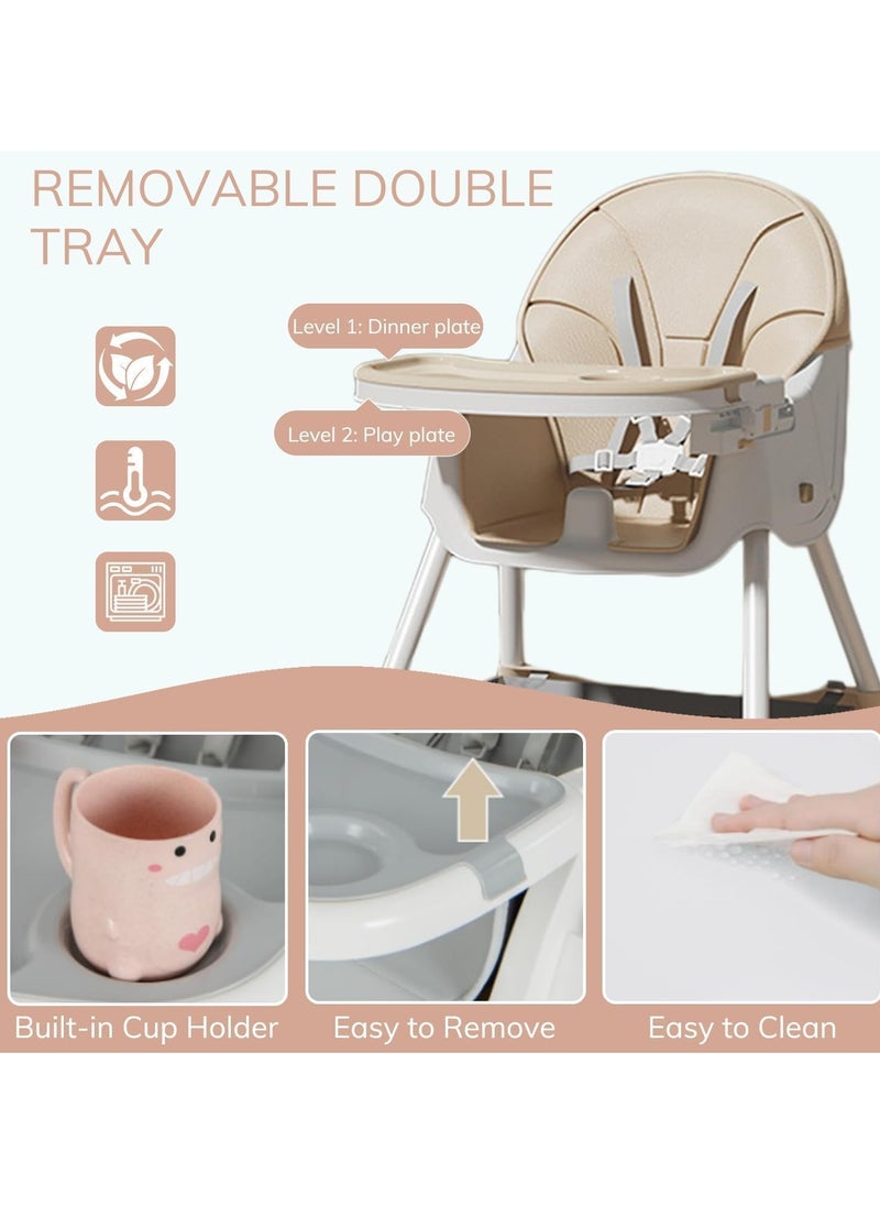 Generic - TOYS-EGYPT 4 in 1 Convertible Space Saving High Chair with Adjustable Backrest and Footrest, Booster Seat for Baby Feeding with Tray, Wheels and Safety Belt for Toddlers Code (E560) Color (Beige) - Image 1