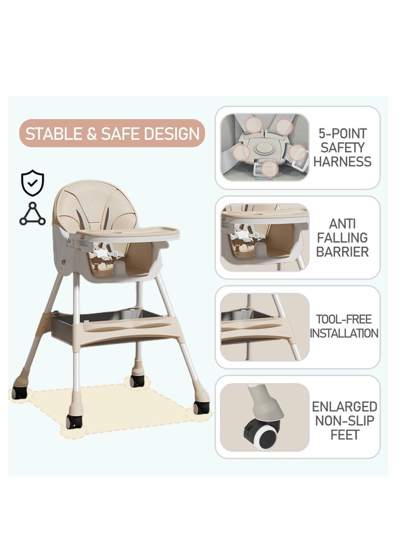 Generic - TOYS-EGYPT 4 in 1 Convertible Space Saving High Chair with Adjustable Backrest and Footrest, Booster Seat for Baby Feeding with Tray, Wheels and Safety Belt for Toddlers Code (E560) Color (Beige) - Image 1