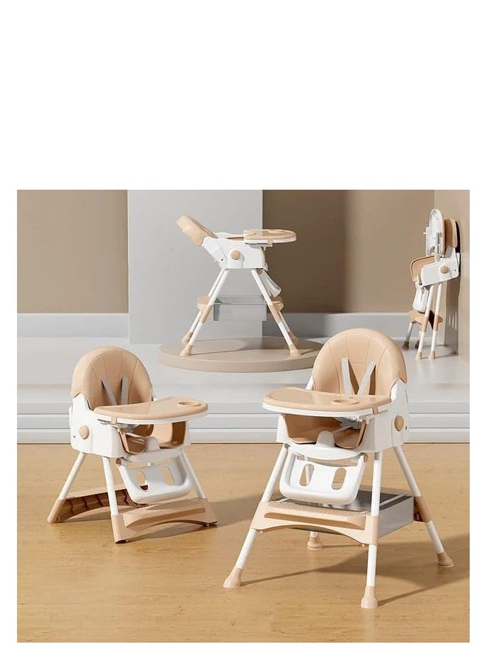 Generic - TOYS-EGYPT 4 in 1 Convertible Space Saving High Chair with Adjustable Backrest and Footrest, Booster Seat for Baby Feeding with Tray, Wheels and Safety Belt for Toddlers Code (E560) Color (Beige) - Image 1