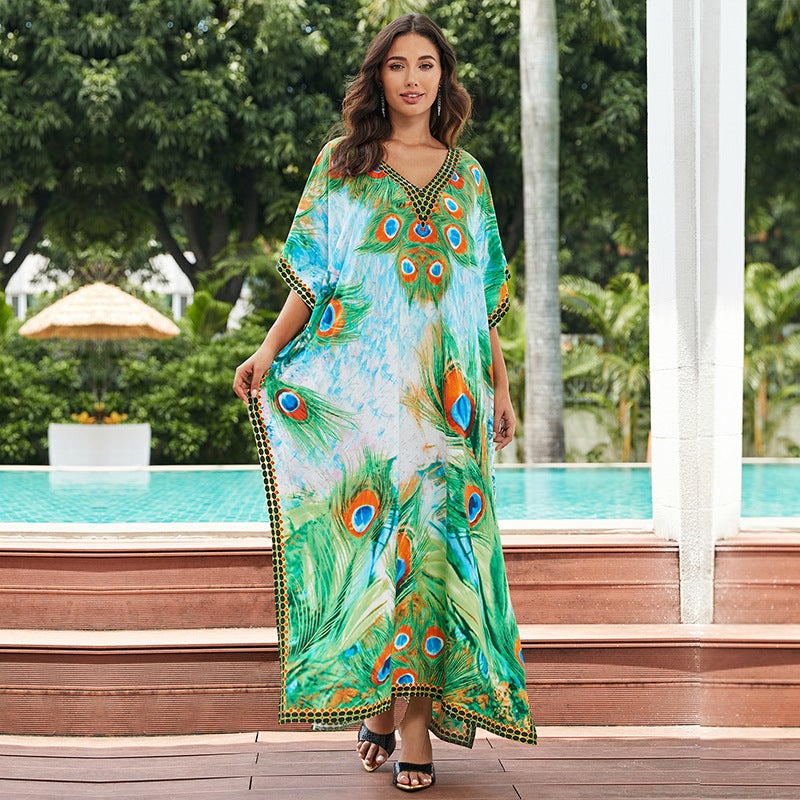Generic Cross-border European and American rayon tie-dyed beach jumpsuit long dress loose robe bikini swimsuit outer blouse sun protection shirt ZS2277-10 green feather