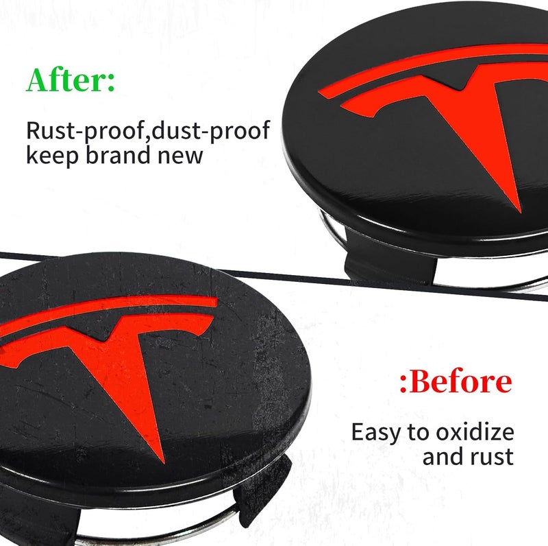 Knomix 4 Pack Exterior Decoration Wheel Center Cover for Tesla Model 3 Model Y,56mm Hubcaps Wheel Rim Cover Tesla Center Caps Hubcaps+22 Black Lug Nut Covers (Red Backgroud+White Emblem) - Image 3