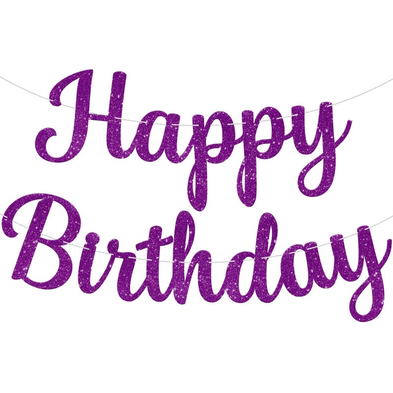 KatchOn Glitter Happy Birthday Banner - Prestrung  10 Feet | Cursive Purple Birthday Sign  Purple Party Decorations - Image 1