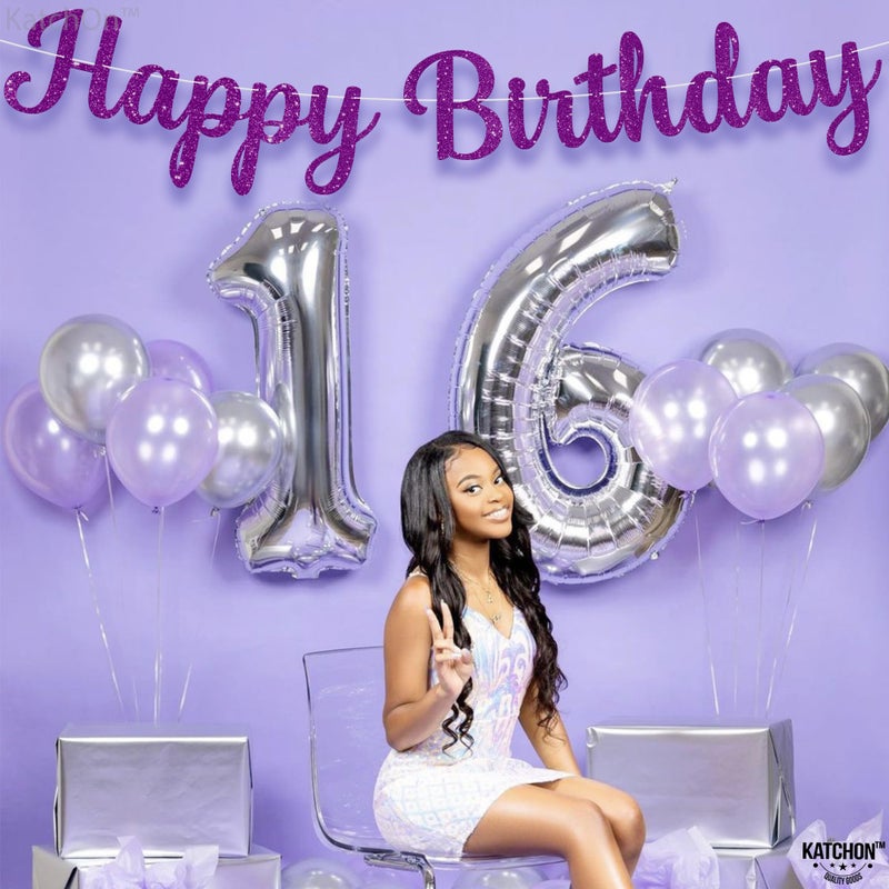 KatchOn Glitter Happy Birthday Banner - Prestrung  10 Feet | Cursive Purple Birthday Sign  Purple Party Decorations - Image 3