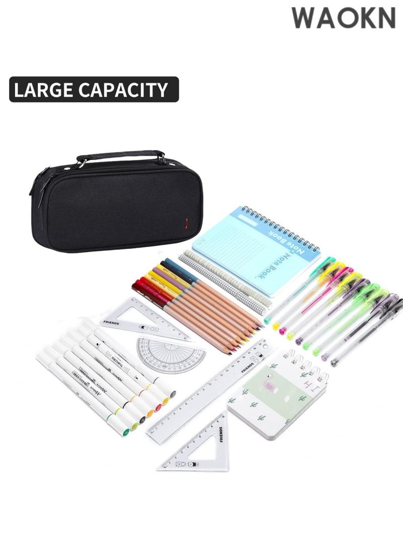 دبليو أيه أو كي أن حافظة أقلام رصاص كبيرة السعة بمقبض - منظم تخزين كبير للمدرسة والمكتب بثلاثة أقسام، تتسع لـ 1000 قلم رصاص ولوازم فنية - حقيبة أقلام رصاص متينة بسحاب للطلاب والمعلمين والمحترفين (أسود) - Image 3