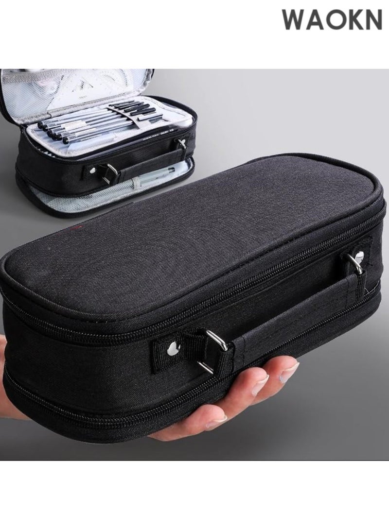 دبليو أيه أو كي أن حافظة أقلام رصاص كبيرة السعة بمقبض - منظم تخزين كبير للمدرسة والمكتب بثلاثة أقسام، تتسع لـ 1000 قلم رصاص ولوازم فنية - حقيبة أقلام رصاص متينة بسحاب للطلاب والمعلمين والمحترفين (أسود) - Image 4