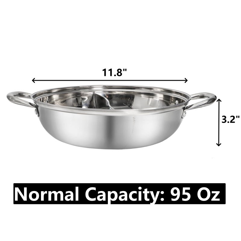 Peohud 304 Stainless Steel Hotpot Pot with Divider, 12 Inches Double-flavor Shabu Shabu Pot with Ladle and Slotted Spoon, Dual Sided Soup Cookware for Induction Cooktop Gas Stove - Image 2