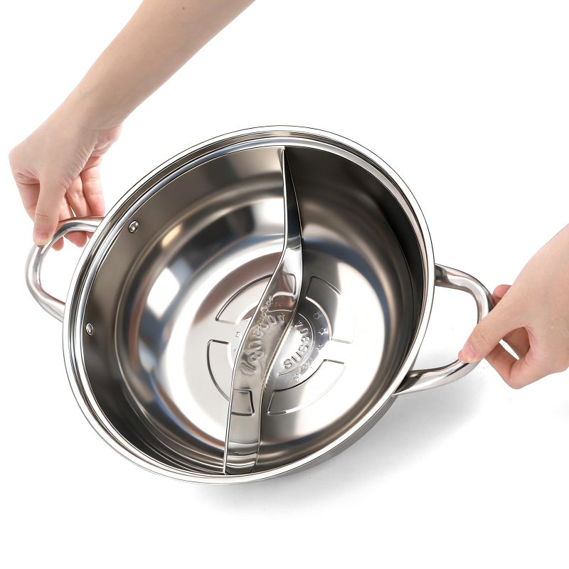 Peohud 304 Stainless Steel Hotpot Pot with Divider, 12 Inches Double-flavor Shabu Shabu Pot with Ladle and Slotted Spoon, Dual Sided Soup Cookware for Induction Cooktop Gas Stove - Image 3